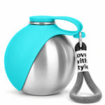 Blue portable dog water bottle with stainless steel body, foldable bowl cover, and black wrist strap.
