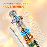 Internal cutaway view highlighting the 9,000 RPM powerful low-decibel motor for professional pet nail trimming.