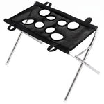 Black mesh pet grooming hammock stand with black-edged openings, black straps, silver folding frame, and white foot caps on a white background.
