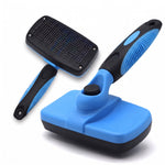 Two views of the blue and black self-cleaning pet grooming brush, showing the bristle side, cleaning button, and textured handle.
