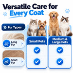 Infographic showing long and short fur examples and small, medium, and large pets for the blue and black grooming brush.
