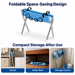 Foldable pet bathing stand shown upright and folded for compact storage, with example storage locations in a closet, under a bed, and in a corner.
