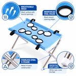 Feature infographic showing a blue mesh pet grooming hammock stand with black-edged openings, a silver metal X-frame, and white foot caps on a white background.