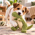 Small white and tan dog holding a green dinosaur-shaped plush dog toy in its mouth on a beige rug in a cozy living room