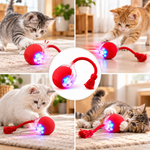Cats playing with a red rope-tail interactive cat toy ball indoors