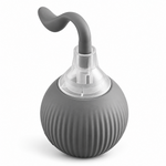Gray interactive cat toy ball with clear plastic collar and flexible gray magic tail on a clean white background
