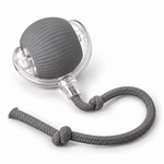 Gray interactive cat toy ball with clear plastic collar and gray braided rope tail on a clean white background