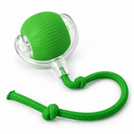 Green interactive cat toy ball with a clear plastic collar and braided rope tail on a clean white background