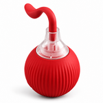 Red interactive cat toy ball with clear plastic collar and curved red magic tail on a clean white background
