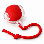 Red interactive cat toy ball with a clear plastic collar and braided rope tail on a clean white background