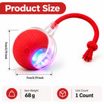 A red spherical pet toy with a clear plastic collar and a red braided rope tail, shown on a white background with dimension labels, weight 68 g, and unit count 1 count. The image includes a large 'Product Size' header.