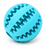5cm blue rubber dog toy ball with raised textured grooves and ridges on a clean white background.