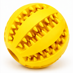 yellow 5cm rubber dog toy ball with raised textured sections and recessed grooves.