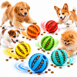 Dogs playing with colorful treat-dispensing balls filled with treats, including red, orange, yellow, green, blue, and teal