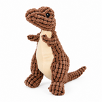 Brown plush dinosaur dog toy with textured fabric, cream-colored belly, and black eye on a white background.
