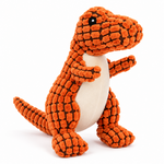 Orange plush dinosaur dog toy with textured fabric, cream-colored belly, and black eye on a clean white background.