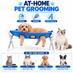 At-home pet grooming scene with a small dog on a blue mesh grooming hammock stand and a cat beside it, plus bathing, brushing, and nail-trimming icons.
