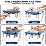 Four grooming scenes showing a dog on the blue pet grooming hammock during nail trimming and bathing, and cats during brushing and ear cleaning.
