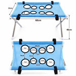 Dimension graphic of a blue foldable pet grooming hammock stand showing its 60 cm width, 33 cm depth, 40 cm height, and mesh opening measurements.
