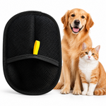 Black mesh pet hair removal glove displayed beside a dog and cat on a clean white background.
