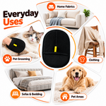Pet hair removal glove shown for everyday use around a cat, sofa, clothing, bedding, and pet areas.
