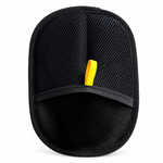 Single black mesh pet hair removal glove with a yellow pull tab and black bound edges on a clean white background.
