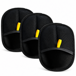 Three black mesh pet hair removal gloves with yellow pull tabs arranged on a white background.
