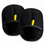 Two black mesh pet hair removal gloves with yellow pull tabs arranged on a white background.
