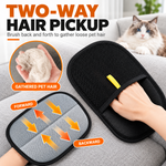 Pet hair removal glove in use on a fabric sofa, with the gray textured side and directional arrows illustrating back-and-forth strokes to gather loose pet hair.
