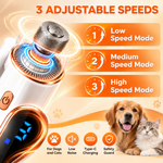 Infographic displaying 3 adjustable speed modes (Low, Medium, High) for the pet nail grinder with dog and cat icons