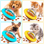Four-panel collage showing a golden retriever, bulldog, orange tabby kitten, and gray tabby kitten using blue and yellow pet treat dispensing toys with kibble.