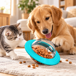 Golden retriever and tabby cat interacting with a turquoise pet treat dispensing toy with a clear dome, ring-shaped base, and kibble inside.