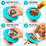 Four-panel instructional graphic showing how to use a turquoise pet treat dispensing toy: open the cover, add kibble, close the cover, and use the toy during play.