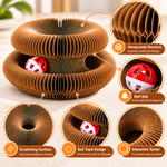 Foldable accordion cat scratcher feature details including corrugated cardboard surface, ball track, flexible structure, and magnetic connection