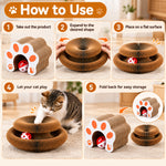 A 5-step 'How to Use' infographic showing a brown corrugated cardboard cat toy with a paw-shaped opening and a small red-and-white ball inside. A real cat is visible in panel 4, and the panels include numbered instructions with arrows and a small inset showing the toy folded back.