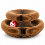 Foldable accordion cat scratcher with bell ball in an expanded two-tier ring shape on a clean white background
