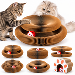 Premium lifestyle view of a foldable accordion cat scratcher with cats and multiple reshaped forms