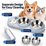 Petlivate pet feeder with two stainless steel bowls, a water bowl divider, and a 17 oz (500 mL) water bottle, featuring a Corgi dog and a cat