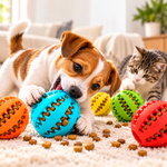 Petlivate interactive treat-dispensing dog ball with treats during playtime with a dog and cat