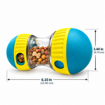 Yellow and teal interactive treat-dispensing dog toy showing 6.10 inch length and 3.44 inch height dimensions.