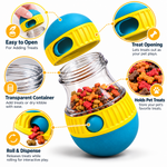 Yellow and teal interactive treat-dispensing dog toy showing the removable cap, transparent center container, and treat openings.