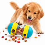 Golden retriever using a yellow and teal interactive treat-dispensing dog toy with treats scattered on a white floor.
