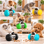 Petlivate interactive treat dispensing pet toy in multiple colors shown with cats and dogs during play.