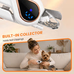 Close-up of the transparent nail clipping collector on a pet nail clipper, followed by a lifestyle photo of a person grooming a small dog.
