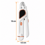 White and rose-gold pet nail clipper and grinder on a white background with arrows showing 18 cm height and 4.5 cm width.