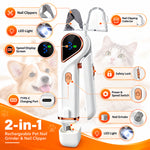 Feature infographic labeling the clipper head, LED light, speed display, USB-C charging port, nail clipping collector, safety lock, power and speed switch, and grinder.
