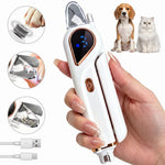 A hand holds a white and rose-gold pet nail clipper and grinder, with close-ups of the clipper head, grinder head, clear guard, and charging cable; a dog and cat appear above.