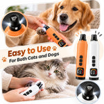 Pet nail grinder shown during at-home nail grooming with a dog and cat, with orange and white color options pictured.
