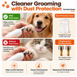 Pet nail grinder dust protection cover infographic comparing grooming with and without the cover and showing two replacement grinding heads.

