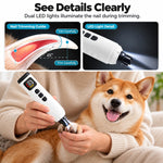 Pet nail grinder LED light detail and a nail-trimming guide shown above a dog grooming scene.
